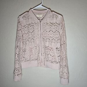 Delicate Lace Bomber Jacket Soft Pink Romantic Size S Zip-Up